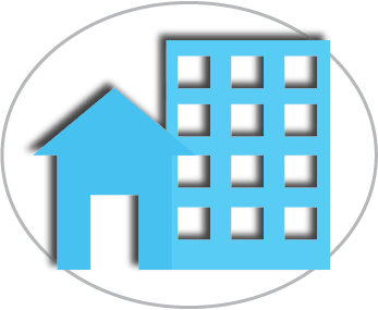 Light blue icon of a house and building outline with a grey circle around it.